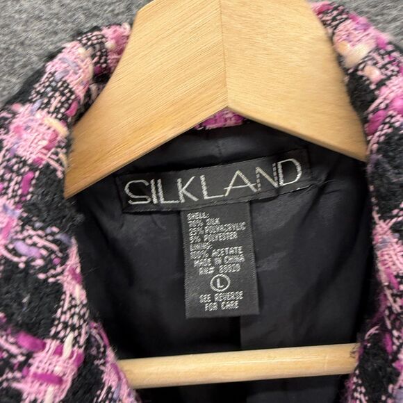 Silkland Blazer Women L Large Pink Plaid One Button Lined Silk Collared Pockets - Picture 3 of 6